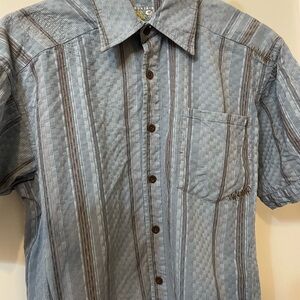 Mountain Hardwear Striped Button Up Shirt Blue Gray Brown Pocket Mens Medium